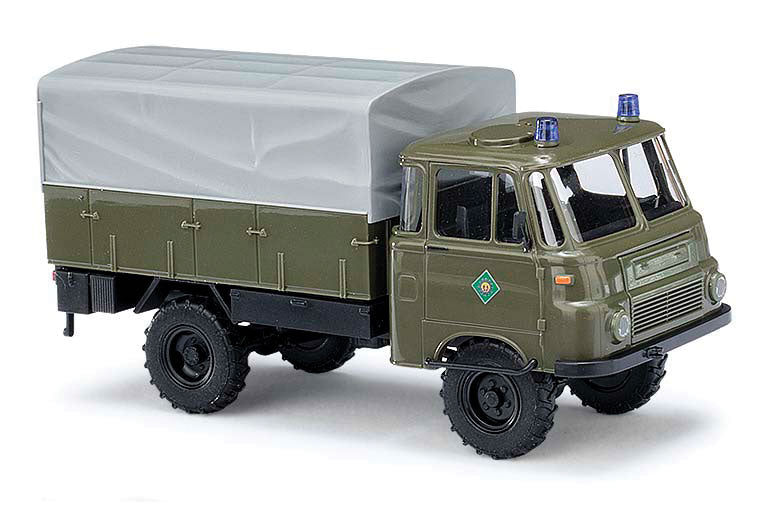 1968 Robur LO 1801 A Low-Side Truck - Assembled -- East German Riot Police (olive, white, German Lettering)