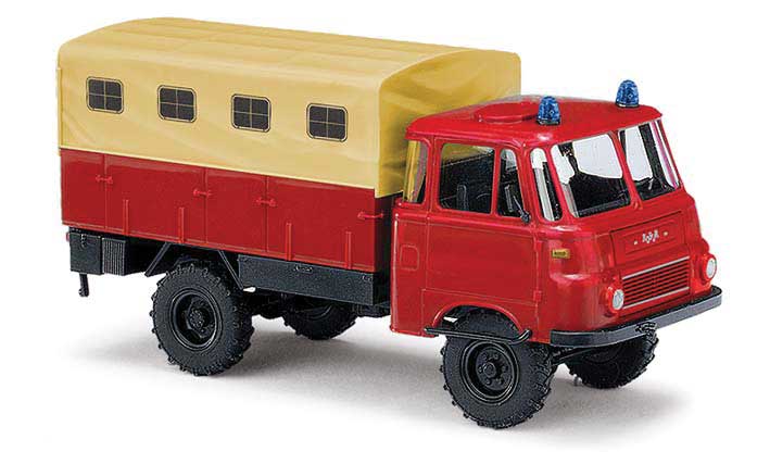 1960 Robur LO 1801 A Low-Side Truck with Canvas Cover - Assembled -- Fire Department (red, beige, black)