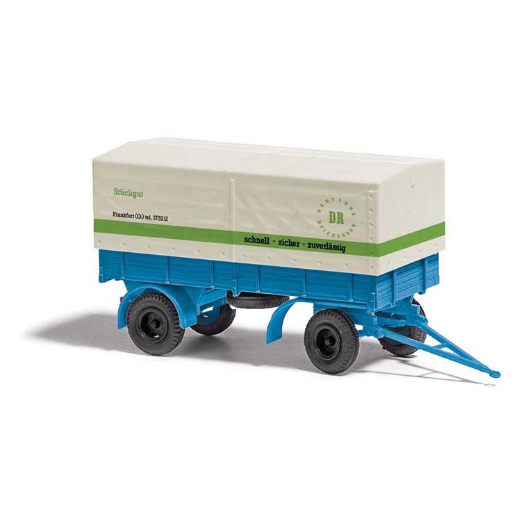 1967 IFA HL 80 Low-Side Farm Trailer with Canvas Cover- Assembled -- German State Railroad DR (blue, white, green, German Lettering)