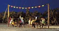 Summer Night Party Set -- Garland w/12 Colored Lights, 2 Wooden Masts, 4 Benches & 2 Tables