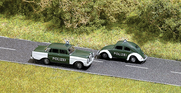Era III Police Set w/Working Lights - Assembled -- 1 Each: Mercedes-Benz 220 & Volkswagen Beetle (green, white)