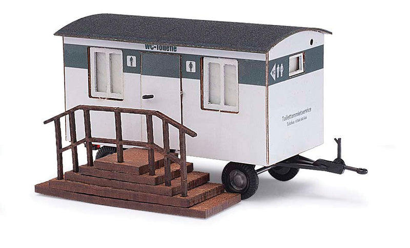 4-Wheel Concession Trailer w/Stairs - Assembled -- Mobile Restrooms (white, gray, German Lettering)