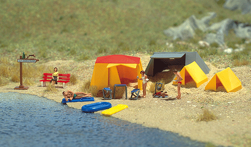 Camping Site -- Four tents, table, stool, campfire and sign - no figures