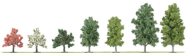 Assorted Small Trees in Point-of-Purchase Display - 45 Trees Total -- 8 Each White & Pink Blossom, 12 Apple, 9 Booking, 8 Birches - Tallest 5-7/8"-1