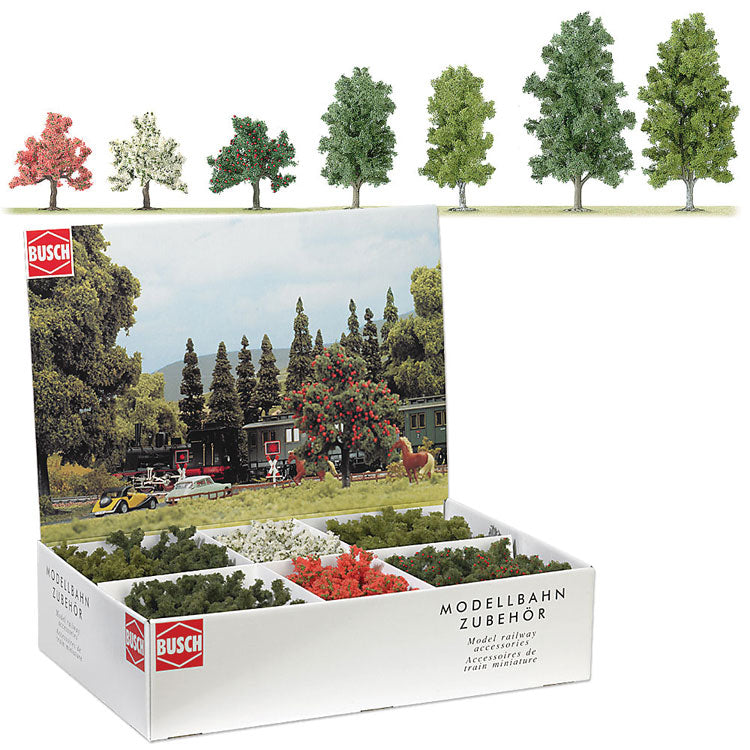 Assorted Small Trees in Point-of-Purchase Display - 45 Trees Total -- 8 Each White & Pink Blossom, 12 Apple, 9 Booking, 8 Birches - Tallest 5-7/8"-2