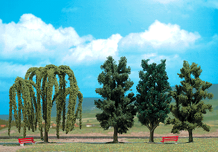 Deciduous Trees -- 4 Assorted Trees & 2 Benches