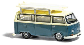 1960s Volkswagen T2 Bulli Passenger Van - Assembled -- With Roof Rack & Surfboards (Fjord Blue, white)