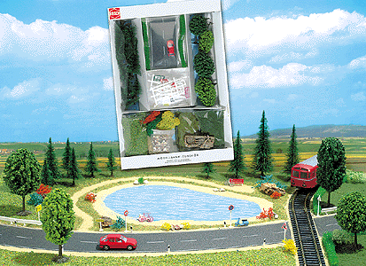 Scenery Starter Set -- Includes Road, Car, Signs, Trees, Bushes & Small Water Scene