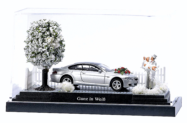 Marriage Scene -- Bride, Groom, Auto w/Roses, Blooming Tree