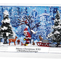 Merry Christmas XXI Complete Miniature Scene -- Santa w/Gifts in the Forest, Sled, Deer, 2 Snow-Covered Trees