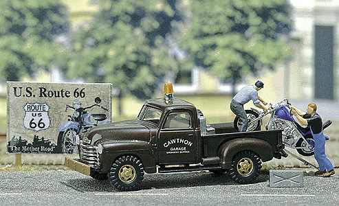 Complete Miniature Scene -- Motorcycle Breakdown (50s Chevy Pickup, Chopper & 2 Figures)