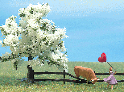 Complete Miniature Scene -- "Spring Feelings" - Includes Figure, Bull, Blooming Tree & Fence