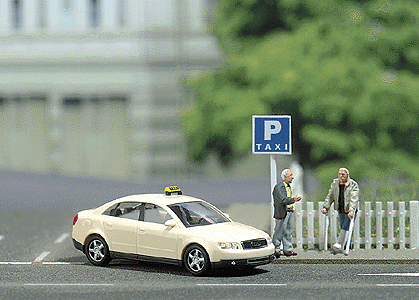 Complete Miniature Scene -- Taxi Stand w/Taxi, 2 Figures & Taxi Sign