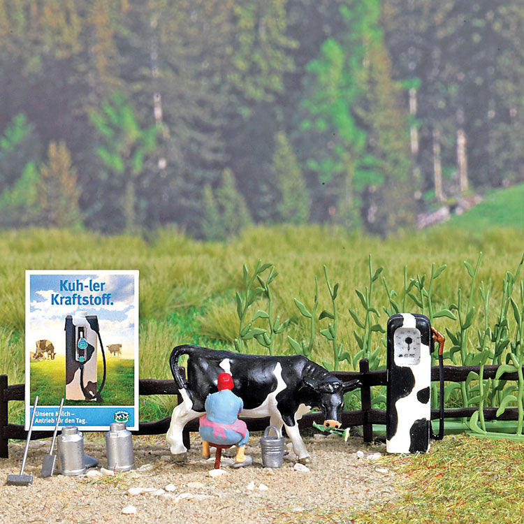 Milk "Filling Station" Complete Miniature Scene -- Cow, Milk Maid, Milk Cans, Bucket, "Milk Pump," Signs & Fence