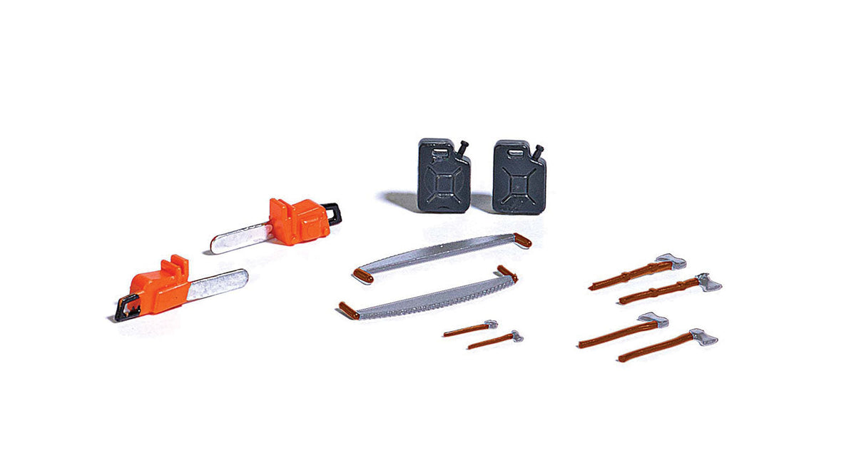 Logging Details -- 2 Chainsaws, 2 Long Saws, 6 Assorted Axes, 2 Gas Cans)