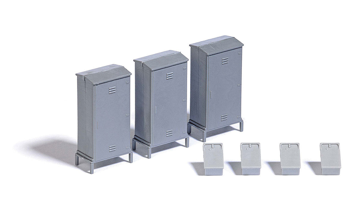 Trackside Details Set -- 3 Relay Cabinets and 4 Pole-Mount Dispatcher Telephone Boxes