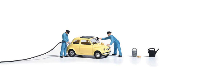 Complete Miniature Scene -- Fill 'Er Up Gas Station Scene, Fiat 500, 2 Station Attendants, Accessories-1