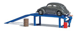 Complete Miniature Scene -- Oil Change Ramp, VW Old Beetle, Barrels, Figure-1