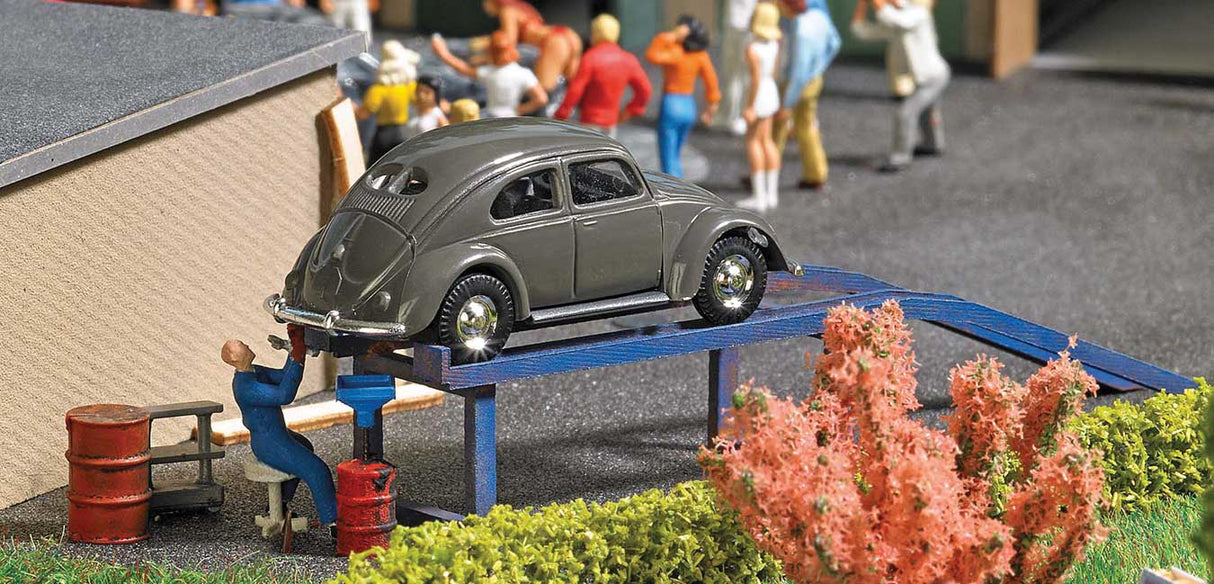 Complete Miniature Scene -- Oil Change Ramp, VW Old Beetle, Barrels, Figure-2