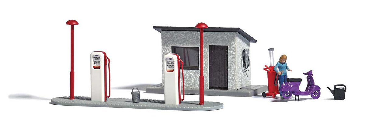 Complete Miniature Scene -- Gas Station with Pumps, Scooter, Accessories-1
