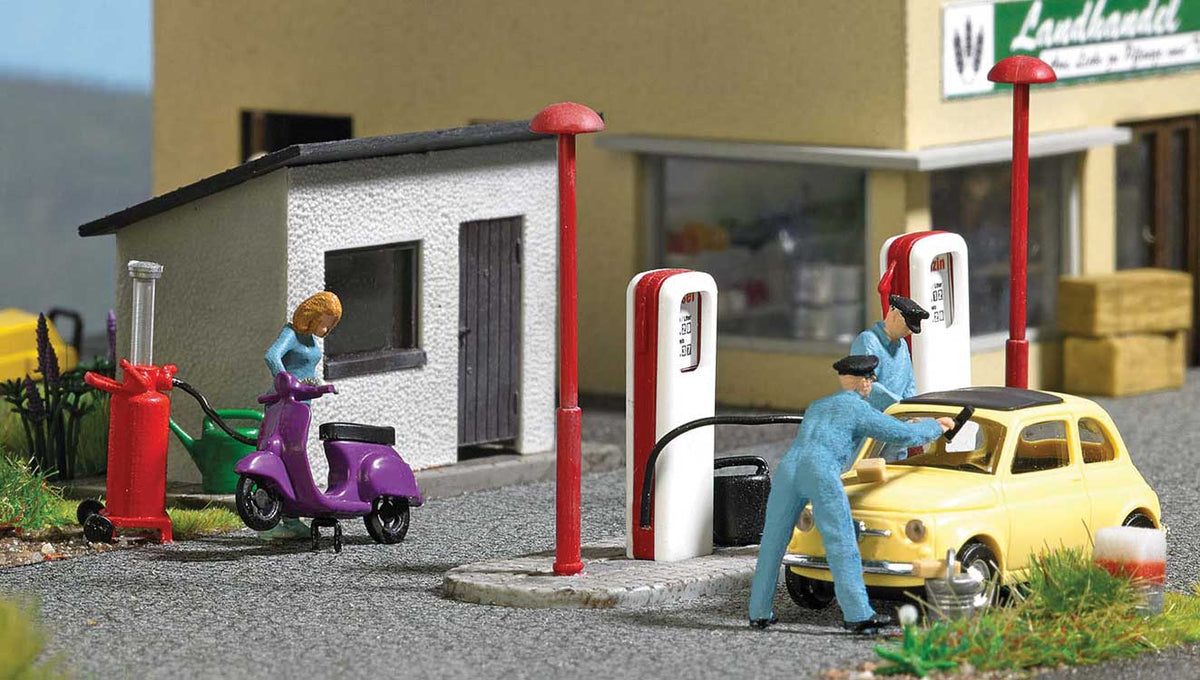 Complete Miniature Scene -- Gas Station with Pumps, Scooter, Accessories-2