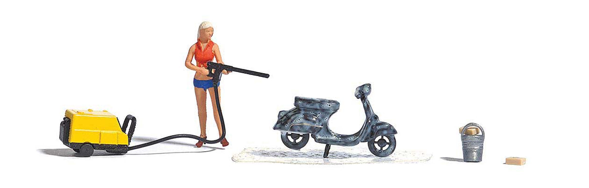 Complete Miniature Scene -- Scooter Wash with Pressure Washer, Bucket and Woman Figure-1