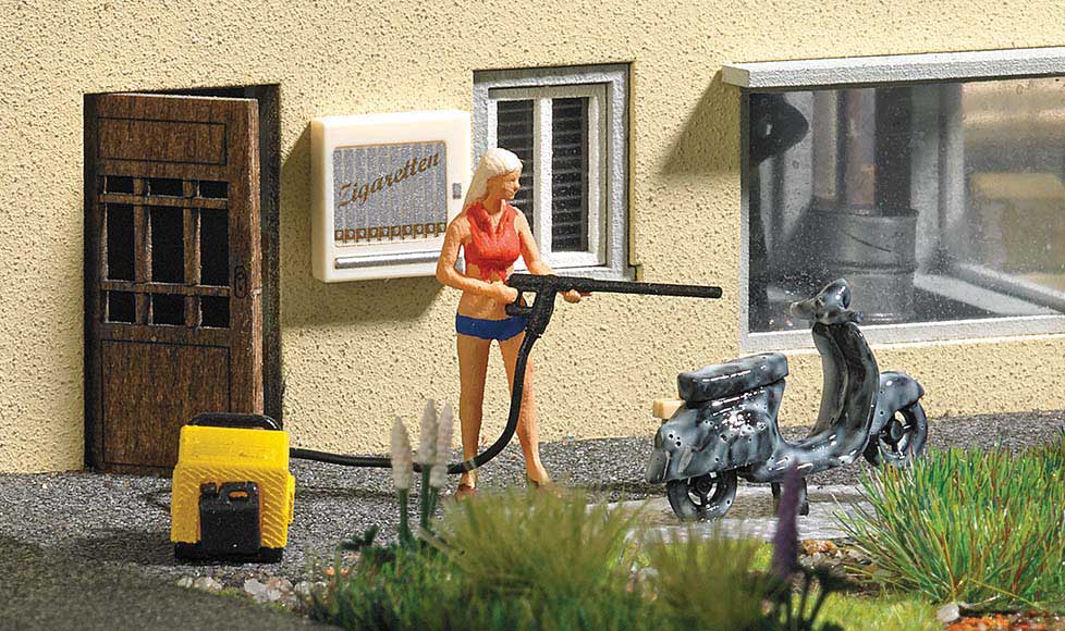 Complete Miniature Scene -- Scooter Wash with Pressure Washer, Bucket and Woman Figure-2