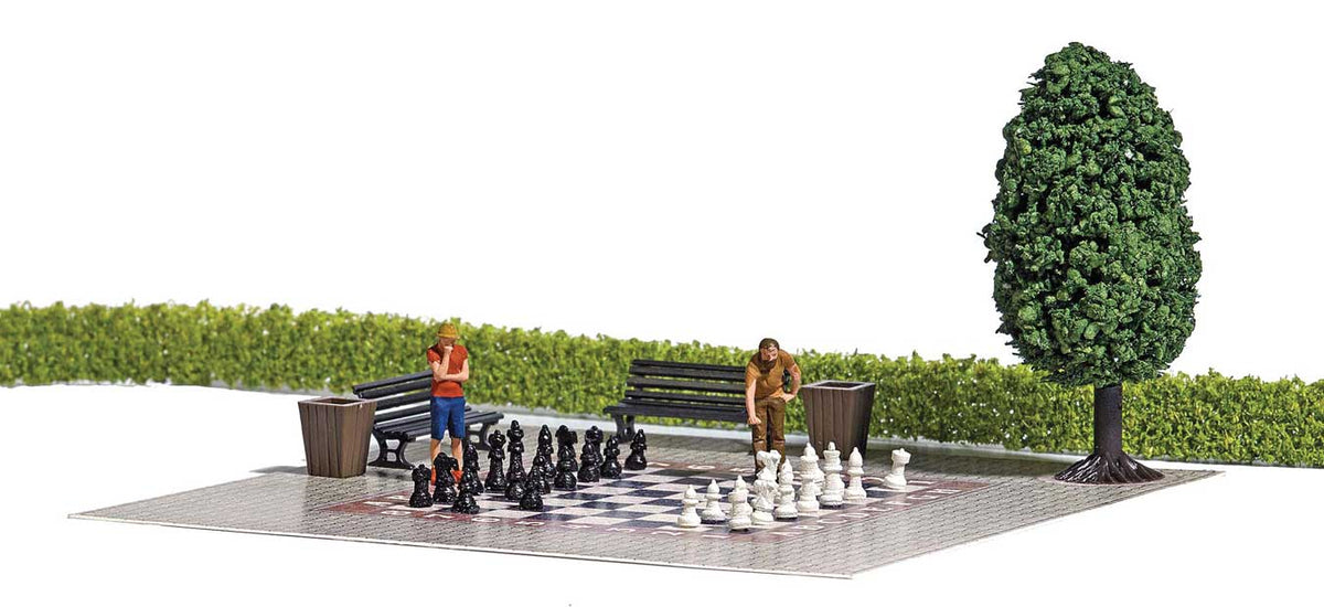 Garden Chess Miniature Scene -- Chess Board, Benches, Tree, Garbage Cans and 2 Figures-1