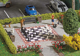 Garden Chess Miniature Scene -- Chess Board, Benches, Tree, Garbage Cans and 2 Figures-2