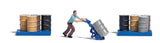 Man with Barrel Cart Miniature Scene -- Man with Barrel Cart, 9 Steel Drums, 2 Barrel Platforms-1