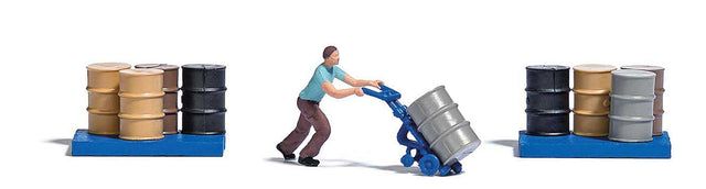Man with Barrel Cart Miniature Scene -- Man with Barrel Cart, 9 Steel Drums, 2 Barrel Platforms-1
