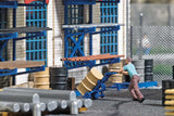 Man with Barrel Cart Miniature Scene -- Man with Barrel Cart, 9 Steel Drums, 2 Barrel Platforms-2