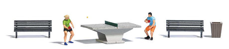 Table Tennis - Ping Pong Miniature Scene -- 2 Player Figures, 2 Garbage Cans, Playing Table and 2 Benches-1