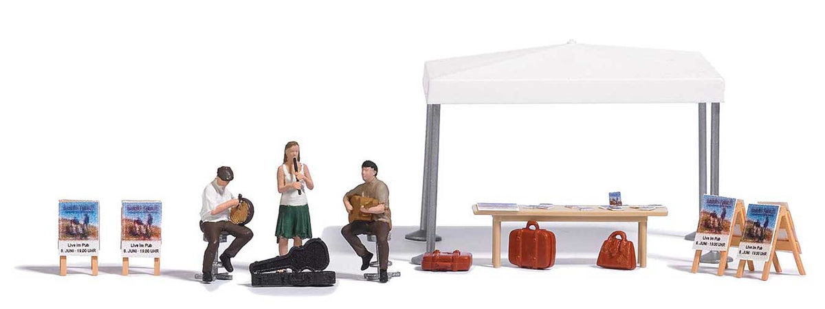 Street Musicians Miniature Scene -- 3 Musicians, Table, Signs, Pop-Up Canopy, Accessories-1
