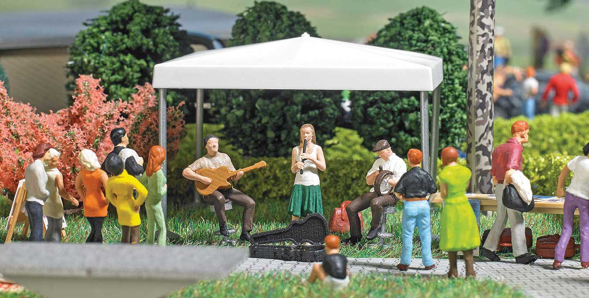 Street Musicians Miniature Scene -- 3 Musicians, Table, Signs, Pop-Up Canopy, Accessories-2