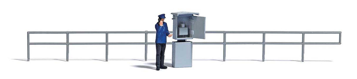 Dispatcher Signal Mast Telephone Miniature Scene -- Telephone Box, DR Worker Figure, Safety Railing-1