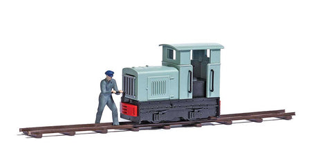 Narrow Gauge Industrial Locomotive and Engineer Miniature Scene -- Unpowered Gmeinder 15/18 Diesel, engineer Figure,