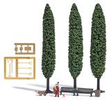 Weed Wacker - Lawn Trimmer Miniature Scene -- Figure with Trimmer, 2 Benches, Wheelbarrow, 2 Garbage Cans, 3 Poplar Trees-1