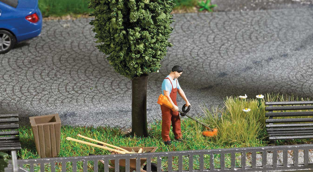 Weed Wacker - Lawn Trimmer Miniature Scene -- Figure with Trimmer, 2 Benches, Wheelbarrow, 2 Garbage Cans, 3 Poplar Trees-2