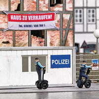 Portable Police Station Miniature Scene -- Container, 2 Police on Segways, Asphalt Road, Barricades