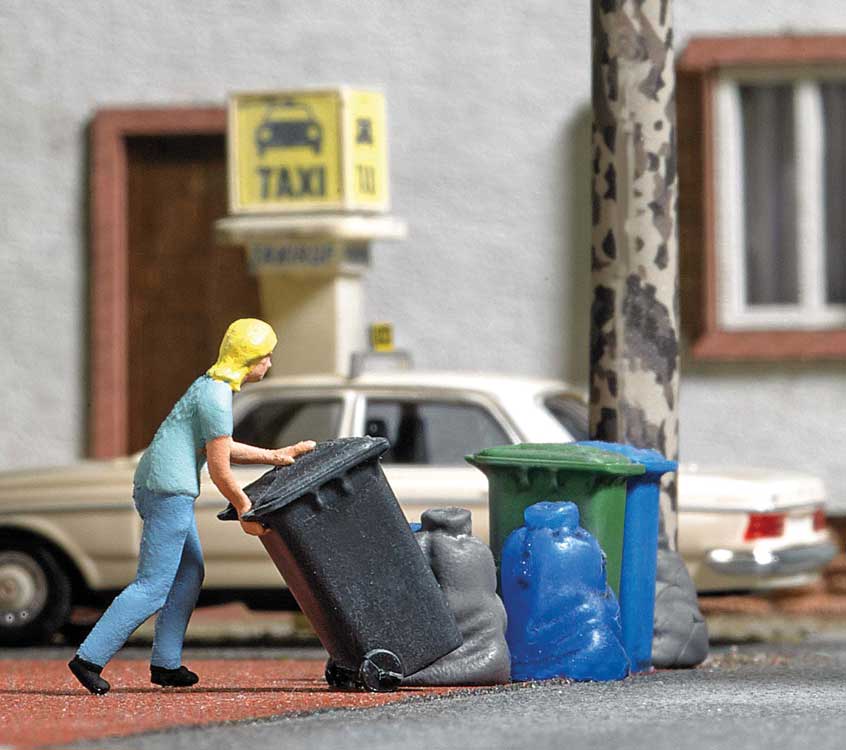 Woman Taking Out Trash Bin - Action Set -- Figure, 3 Bins, 4 Garbage Bags-1