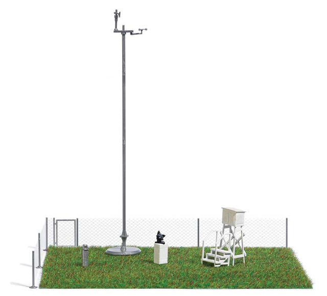 Weather Station Miniature Scene -- Weather Instrument Mast, Accessories, Grass Mat, Chain-Link Fence-1