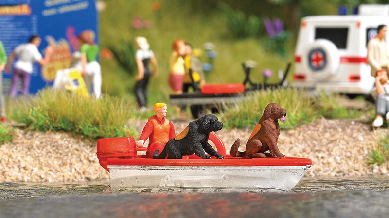 Water Rescue Newfoundland Dogs Set -- Motor Boat, 2 Dogs, Figure, Trailer, 2 Life Preservers-1