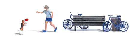Dog Playing Frisbee - Action Set -- 2 Bicycles, Figure, Dog with Frisbee, Park Bench, Trash Can-2