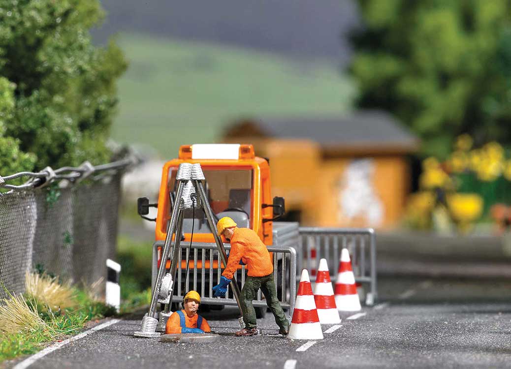 Canal-Sewer Workers - Action Set -- Figure in Manhole, Worker Figure, Hoist, Barricade, Manhole Cover-1