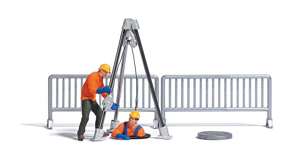 Canal-Sewer Workers - Action Set -- Figure in Manhole, Worker Figure, Hoist, Barricade, Manhole Cover-2