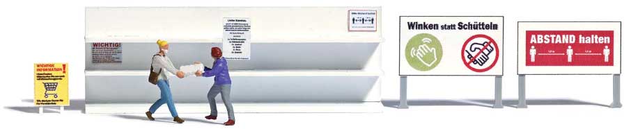 COVID-19 Toilet Paper Fight Miniature Scene -- 2 Figures, Empty Shelf (German Signs)