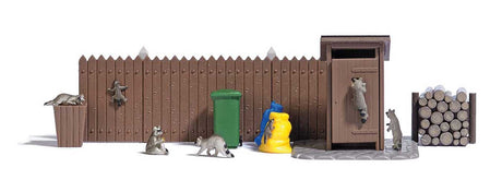 Raccoons - Action Set -- 5 Adult and 2 Young Raccoons, Wood Fence, Wood Pile, Trash Can, Cart, Outhou-2