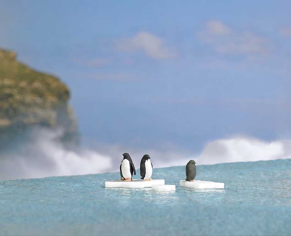 Penguins on Ice Flows Complete Miniature Scene -- 3 Penguins, 3 Icebergs, & 8-1/4 x 5-13/16" 21 x 14.8cm Water Sheet-2