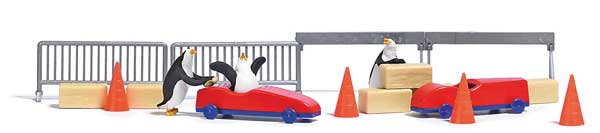 Penguin Soapbox Derby Race Complete Miniature Scene -- 3 Penguins, 2 SoapBoxcars, 4 Traffic Cones, Barricades and Hay Bales-1